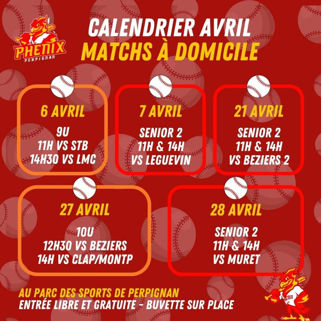 calendrier-phenix-baseball-avril-2024-a-domicile-perpignan